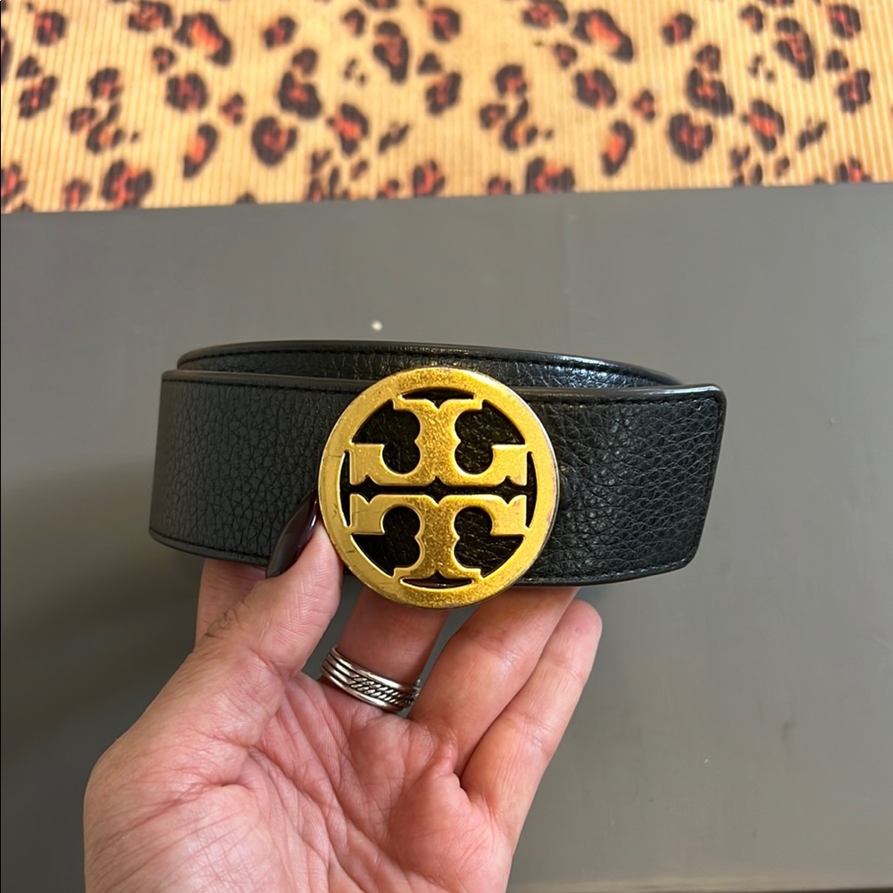 Tory Burch Gold Reversible Black/Brown Belt with Signature Logo